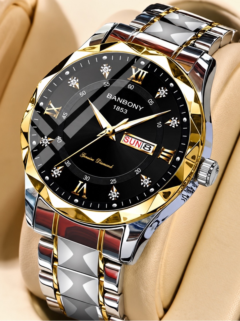BANBONY 1853 Men's Two-Tone Gold & Black Dial Dress Watch